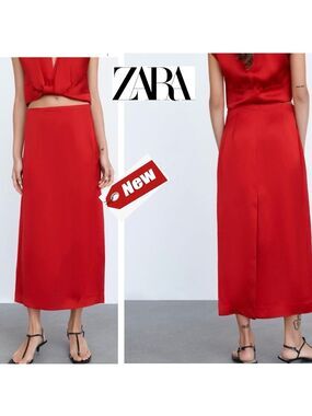 Zara red satin effect midi slip skirt NWT